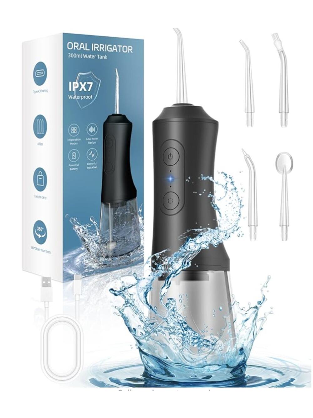 Waterproof Oral Irrigator, 3 Modes 4 Replaceable Jet Tips